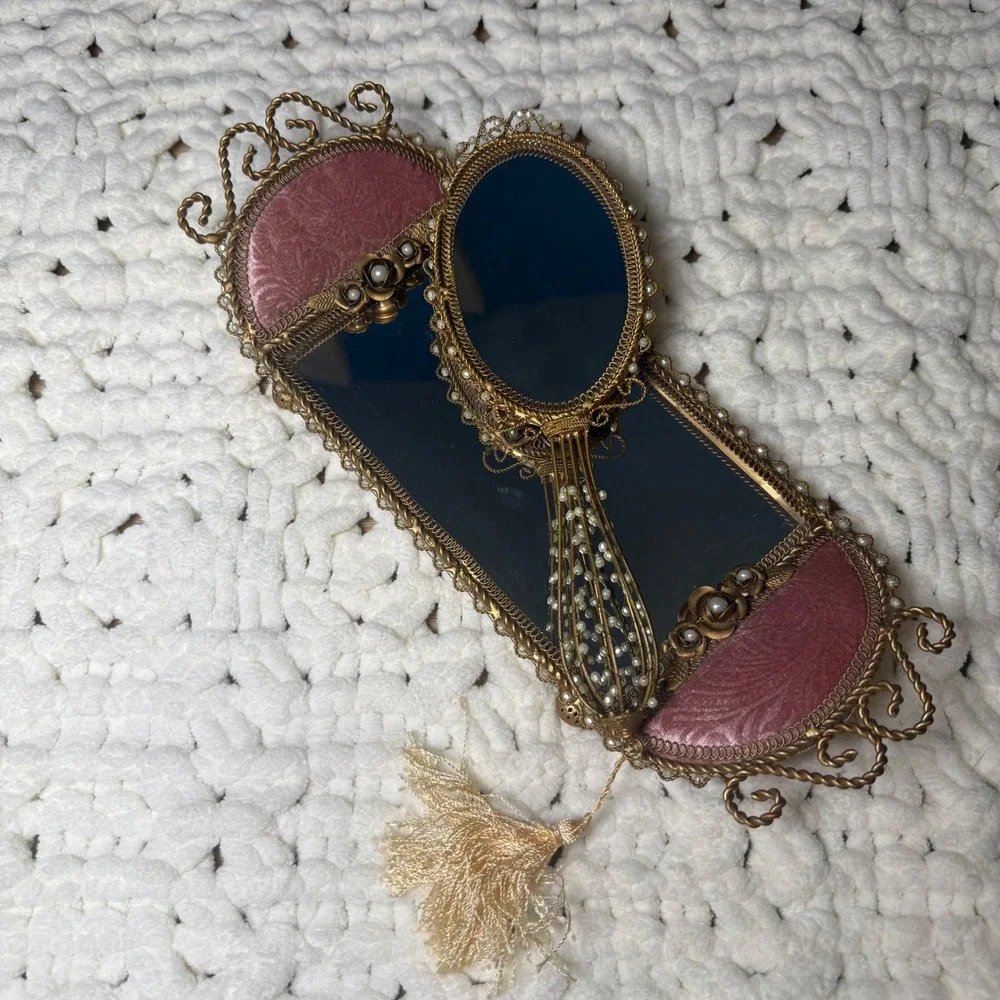 VTG Victorian Pink Brocade Filigree Vanity Tray & Hand Mirror Regency Romantic